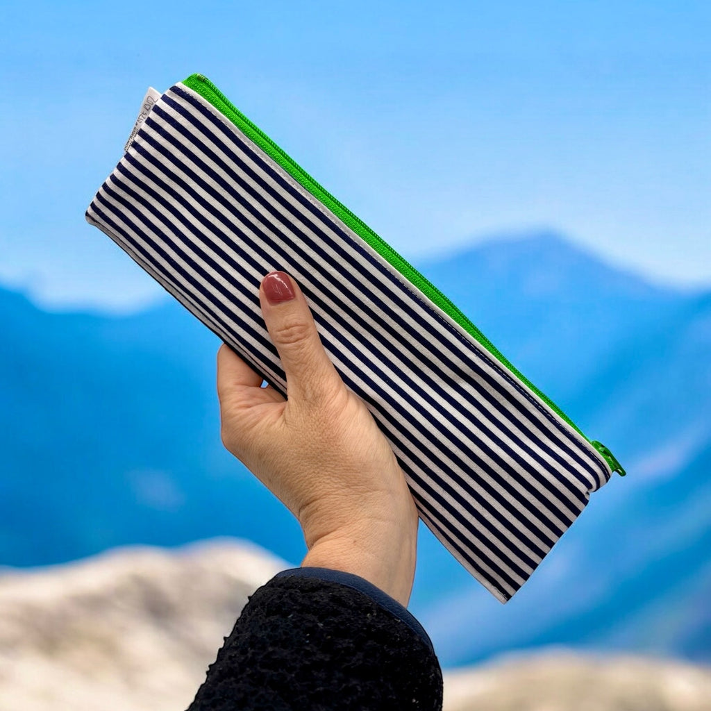 Regular Sized Reusable Straw/Utensil Wet Bag Stripes Navy/White