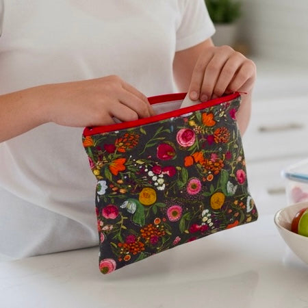 Sandwich Sized Reusable Zippered Bag Floral on Gray