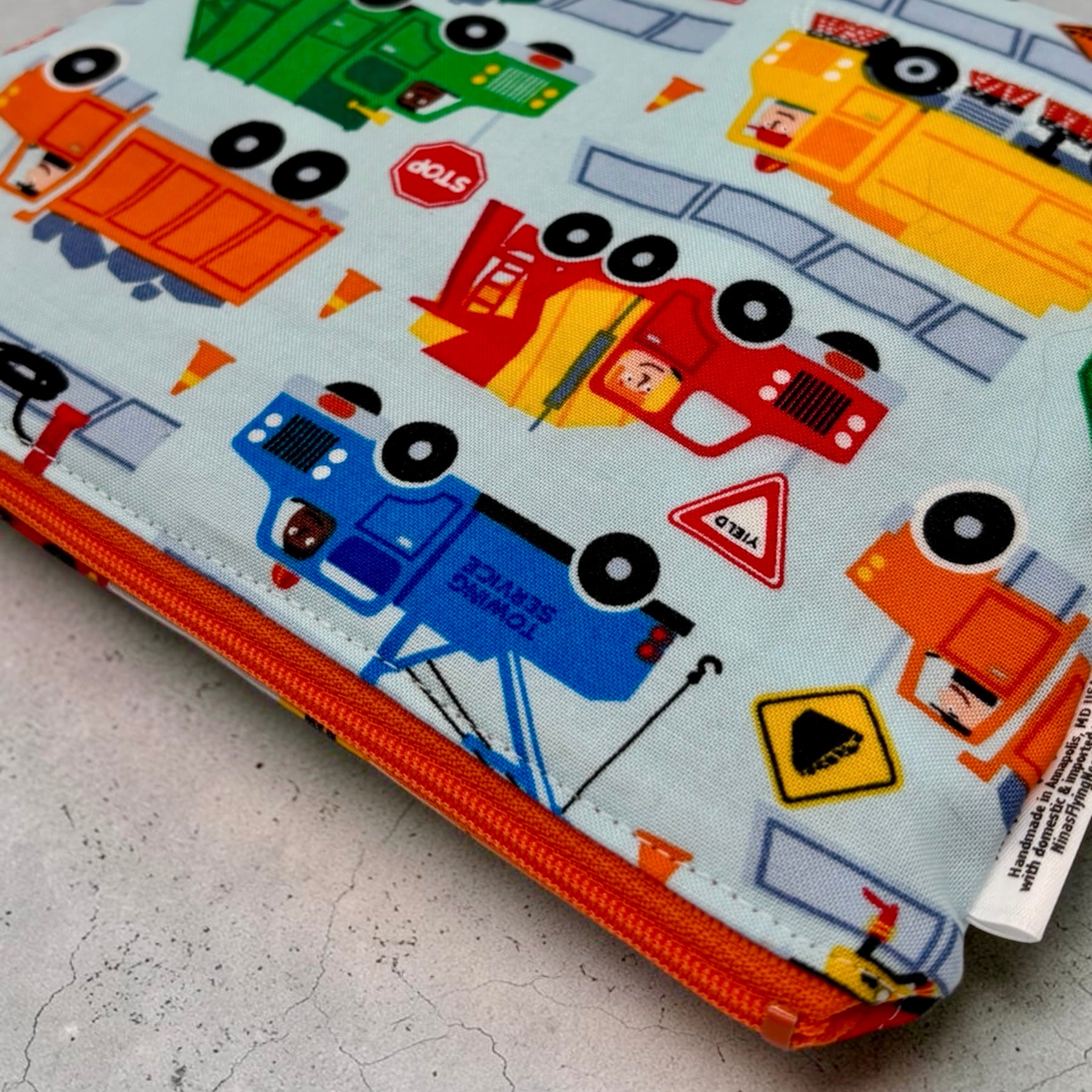 Sandwich Sized Reusable Zippered Bag Construction Trucks