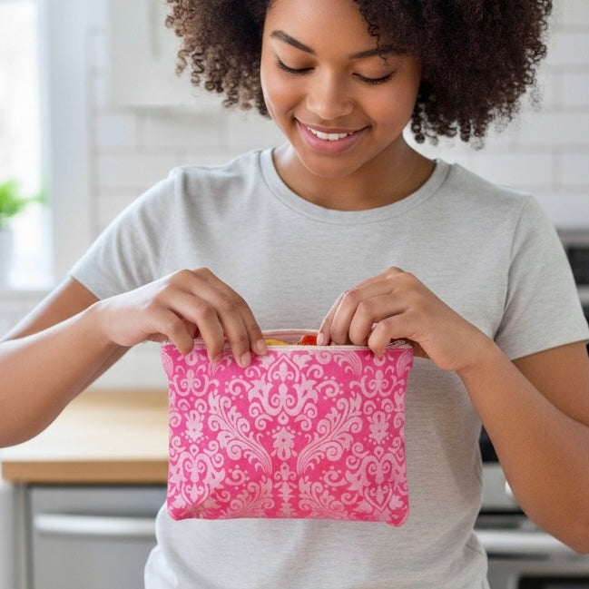 Sandwich Sized Reusable Zippered Bag Paisley Print Metallic