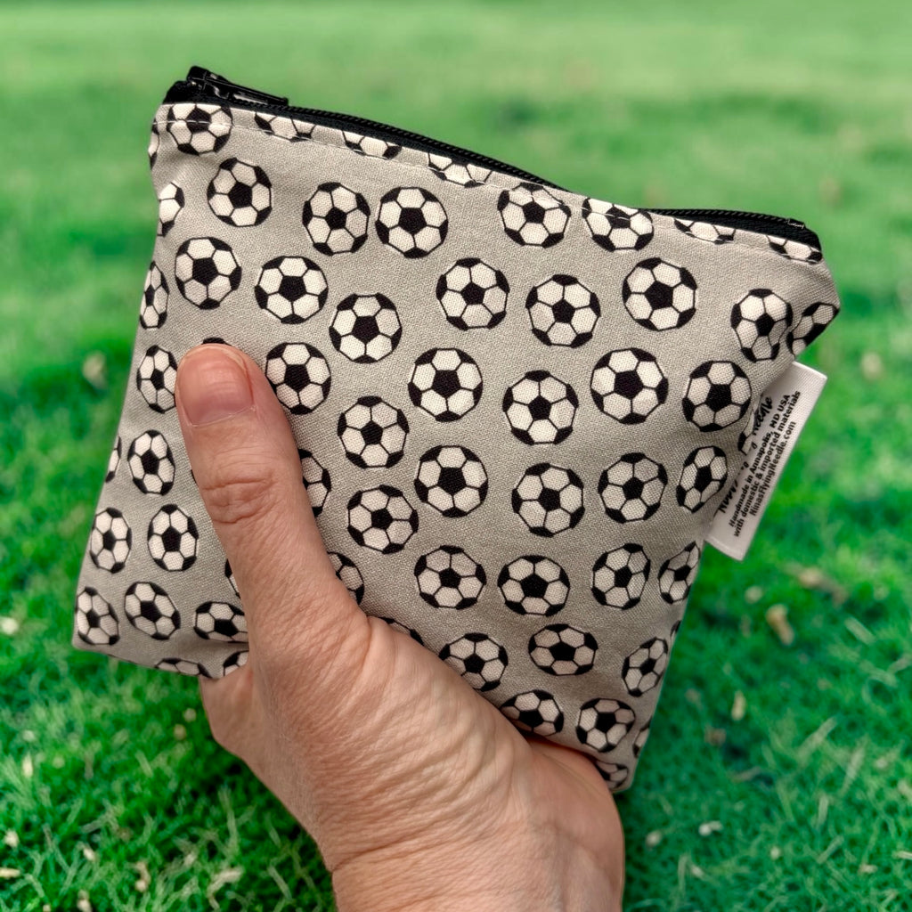 Toddler Sized Reusable Zippered Bag Soccer Balls on Gray