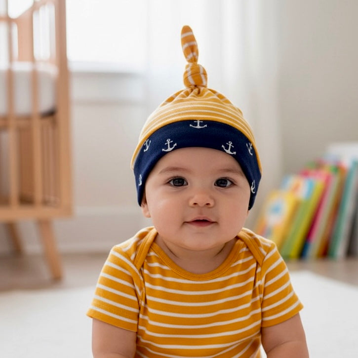 Knot Hat in 3 months: Anchors and Stripes