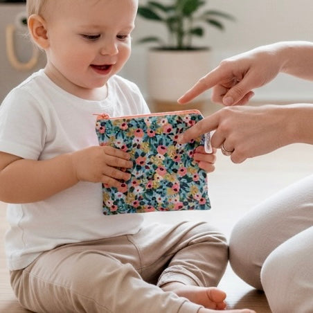 Toddler Sized Reusable Zippered Bag Floral with Gold Accents