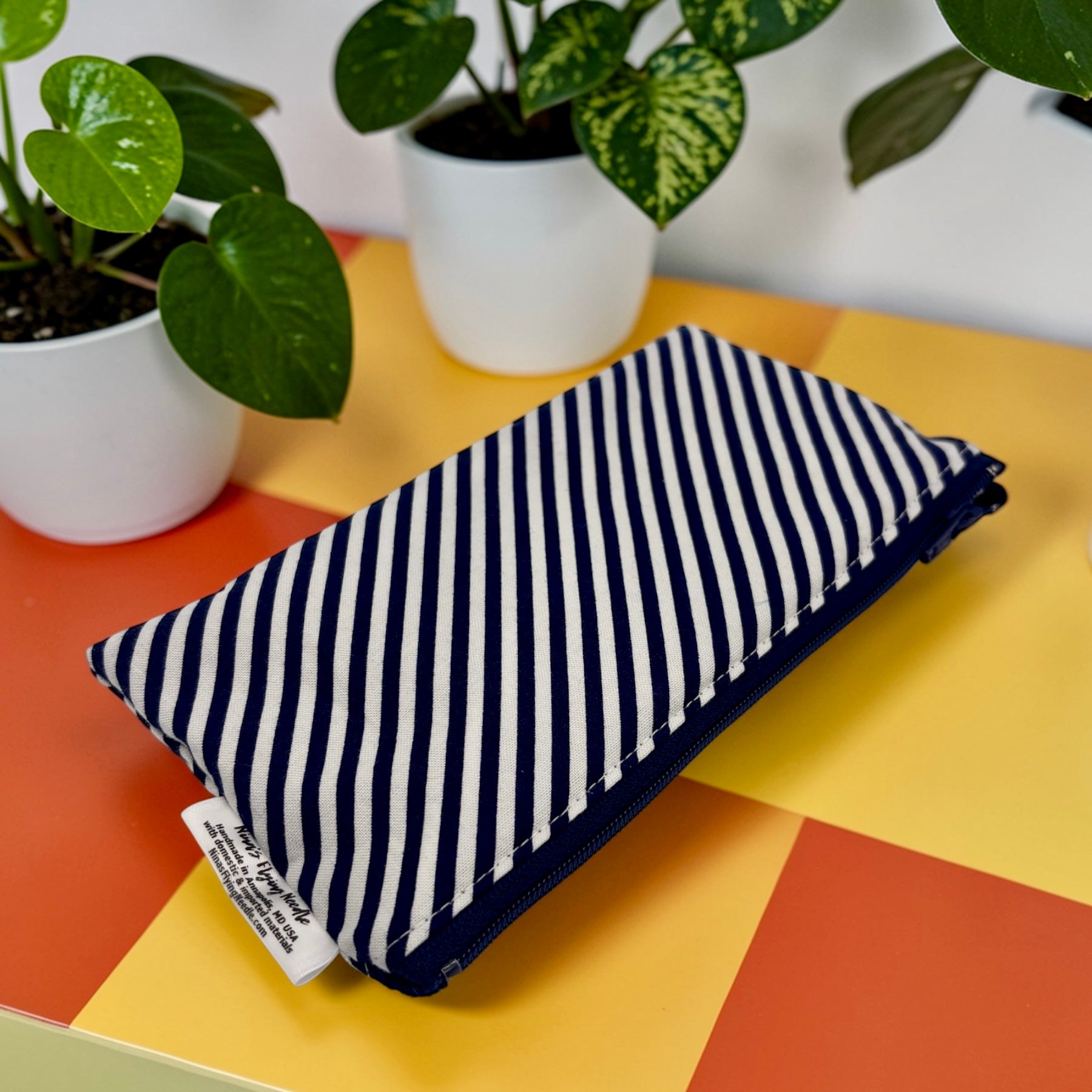 Knick Knack Sized Reusable Zippered Bag Stripes Bias Navy Blue