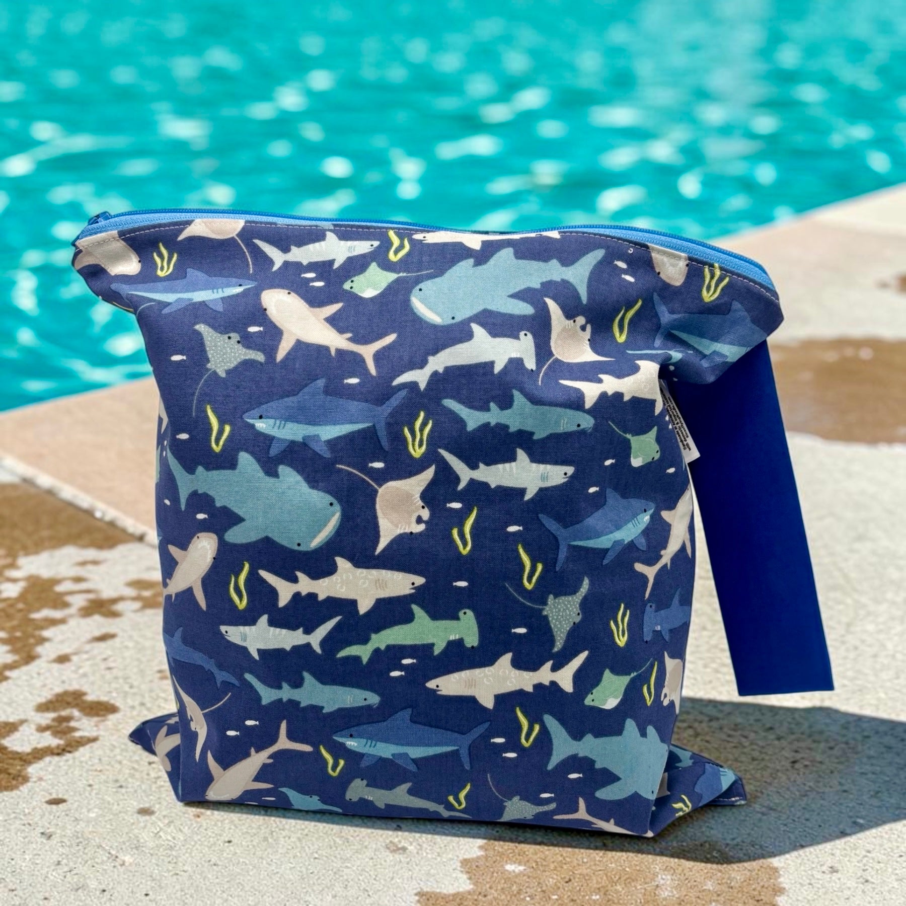 Large Wet Bag with Handle Sharks on Blue