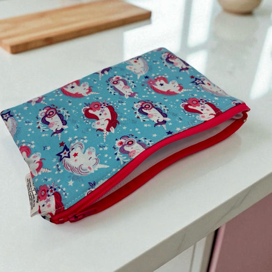 Snack Sized Reusable Zippered Bag Unicorns on Aqua