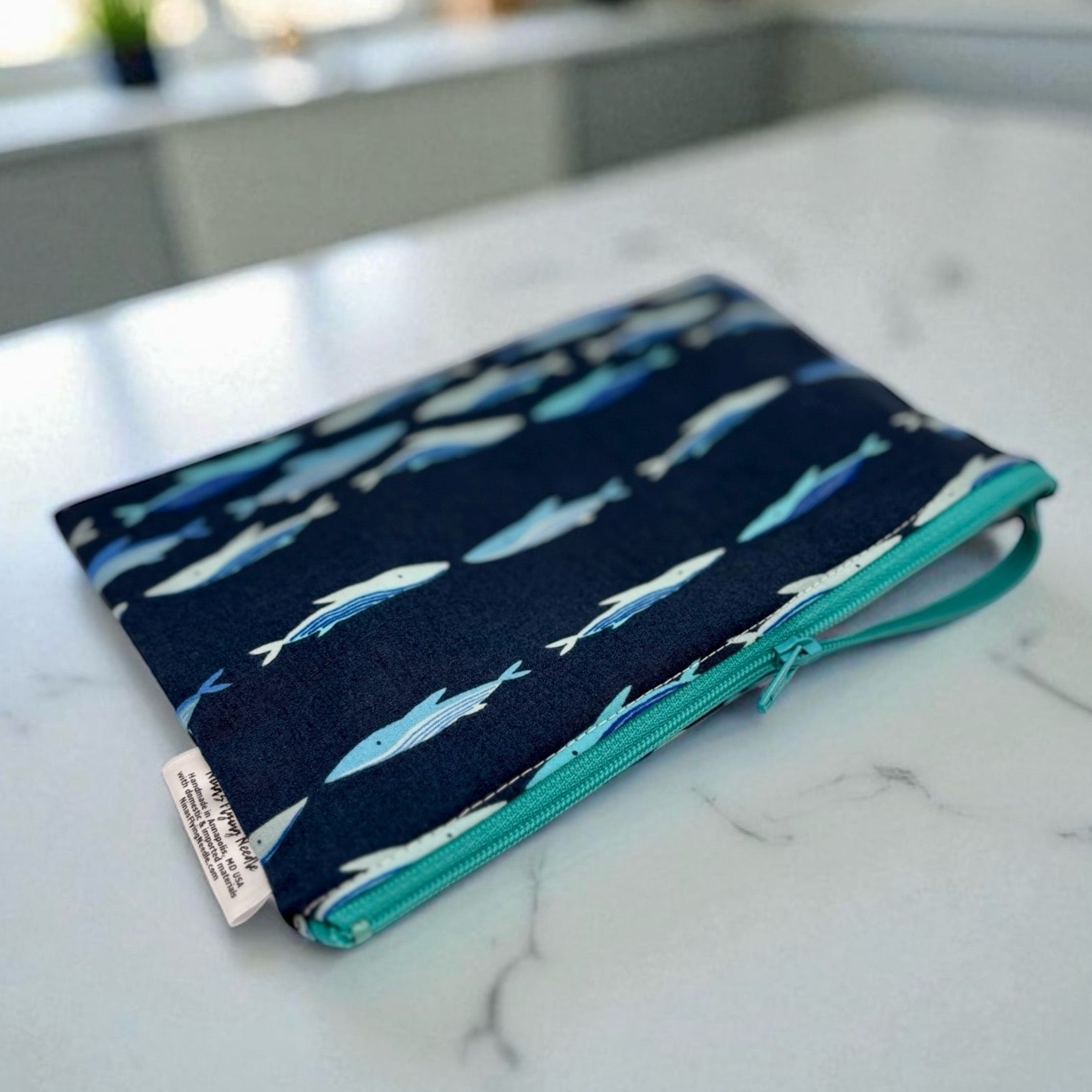 Snack Sized Reusable Zippered Bag Whales on Blue