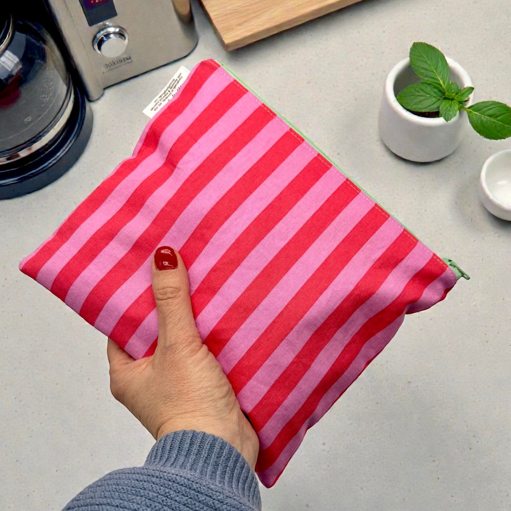 Sandwich Sized Reusable Zippered Bag Stripes Pink