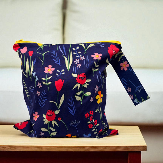 Large Wet Bag with Handle Florals on Navy