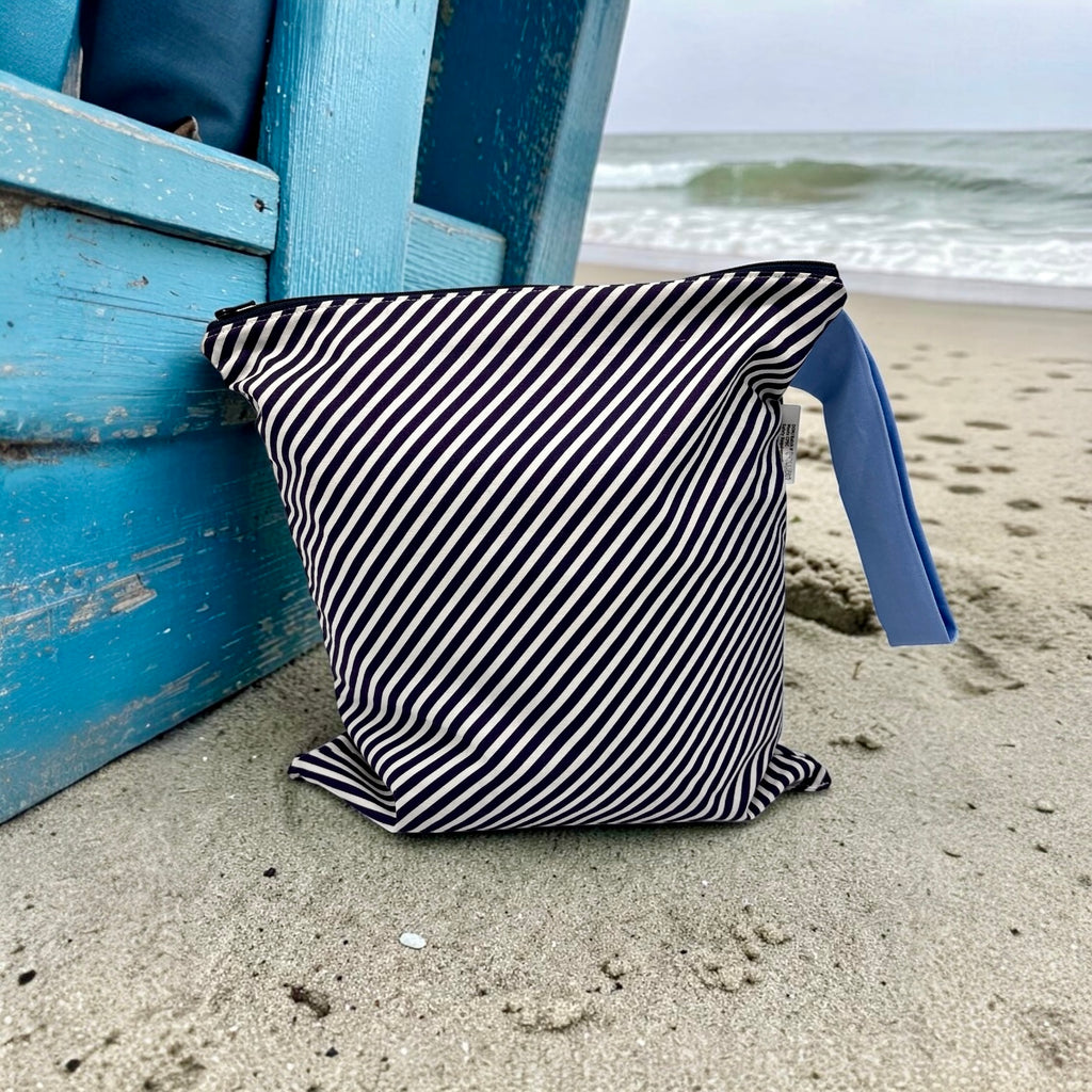 Large Wet Bag with Handle Bias Stripes Navy and Solid Blue