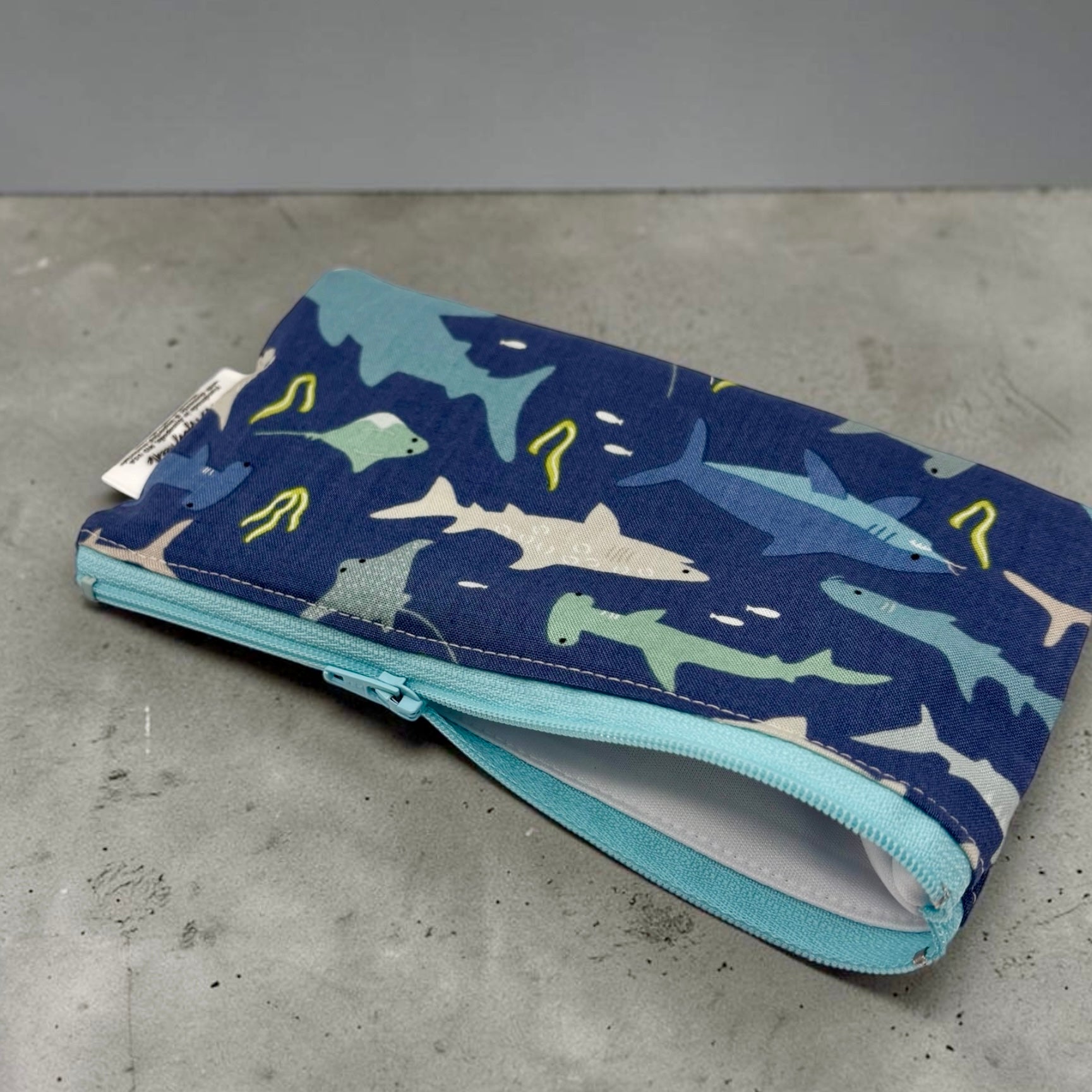 Knick Knack Sized Reusable Zippered Bag Sharks on Blue