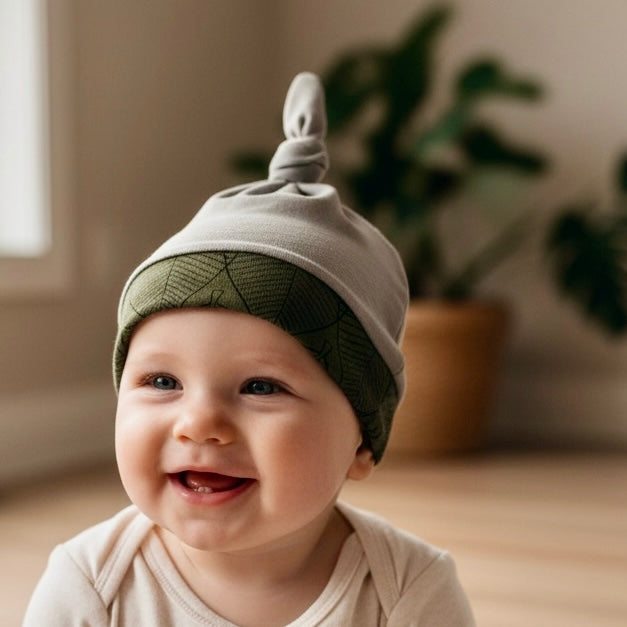 Knot Hat in Newborn: Solid Gray with Leaves