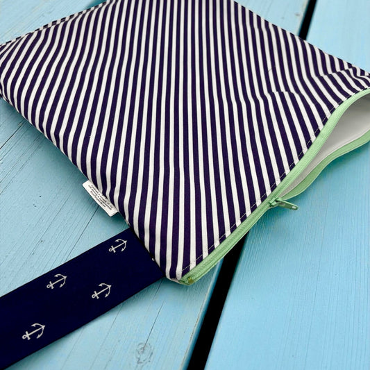 Large Wet Bag with Handle Bias Stripes Navy and Anchors