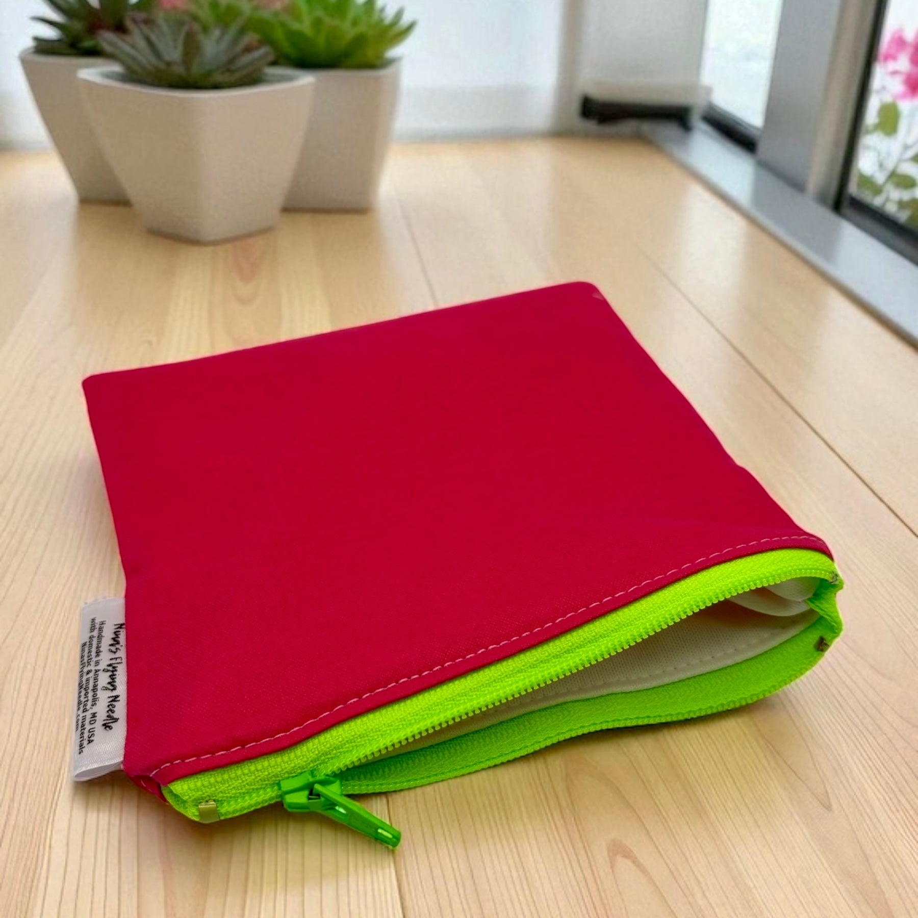 Toddler Sized Reusable Zippered Bag Solid Pink and Neon