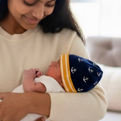 Beanie Hat in Baby: Anchors with Stripes