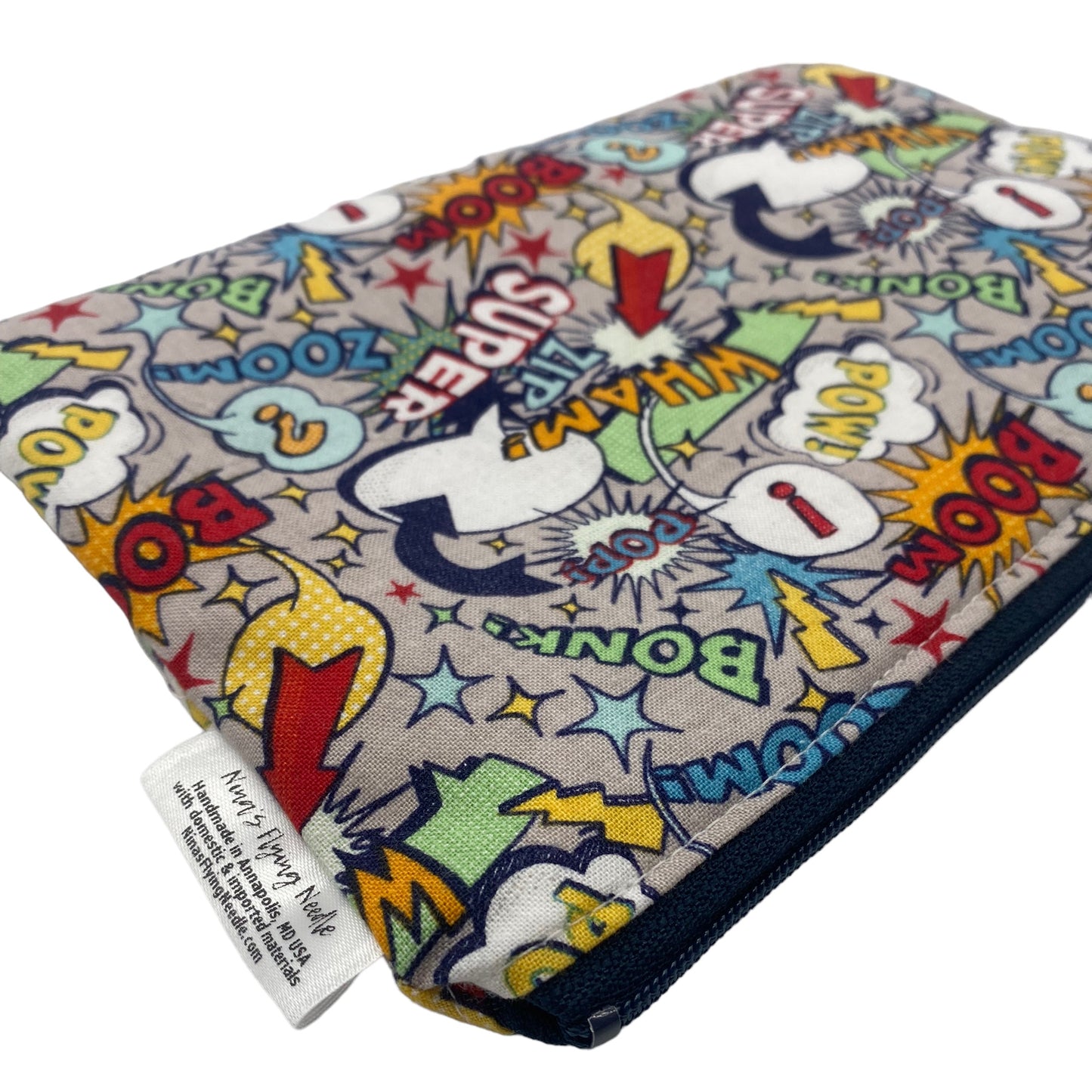 Snack Sized Reusable Zippered Bag Comic Words on Gray