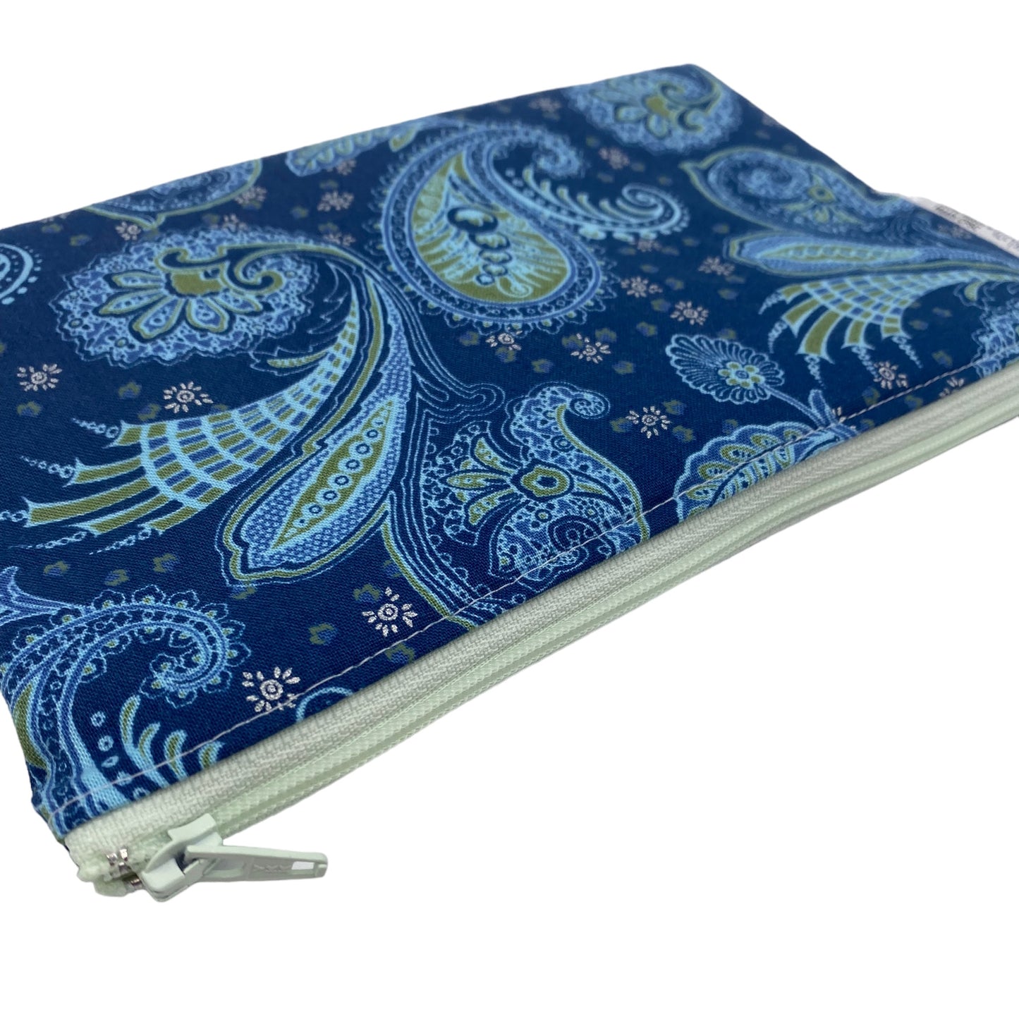 Snack Sized Reusable Zippered Bag Paisley Blue Green Sparkly Silver