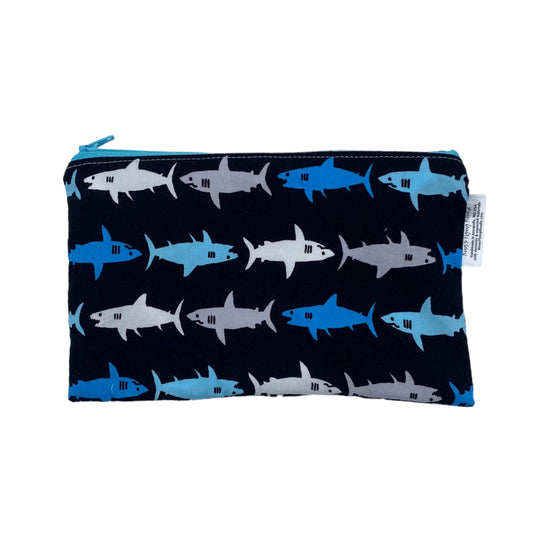 Snack Sized Reusable Zippered Bag Sharks on Black
