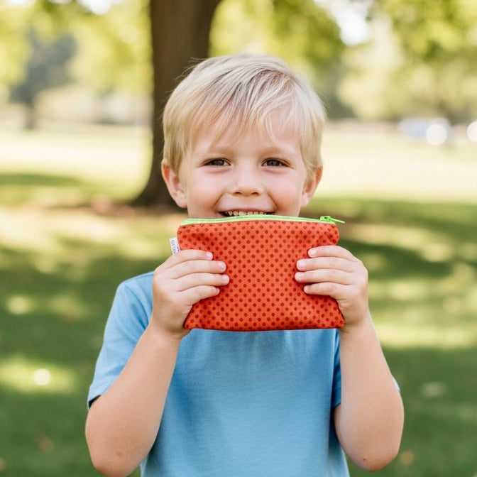Knick Knack Sized Reusable Zippered Bag Polka Dots on Orange