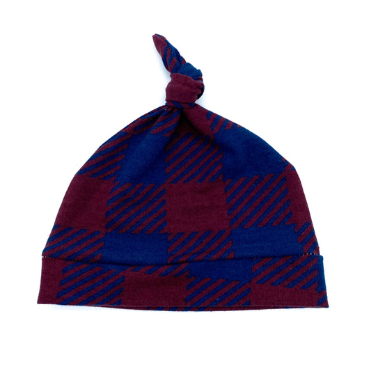 Knot Hat in Newborn: Plaid in Blue and Burgundy