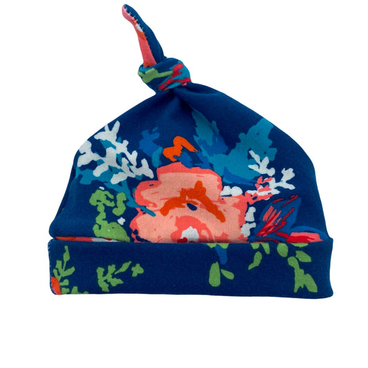 Knot Hat in Preemie: Bright Floral on Blue