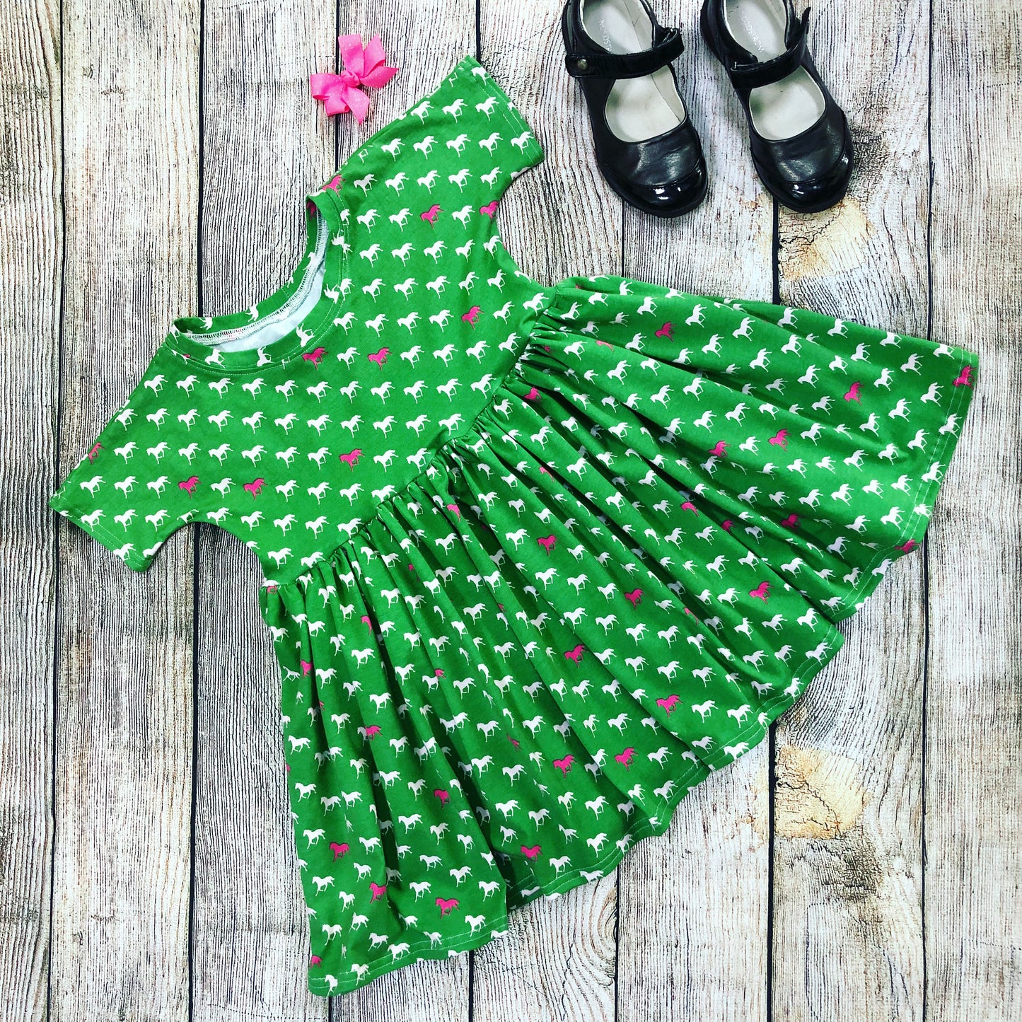 Playful Twirl Dress Size 4T - Horses on Green - Sample Sale